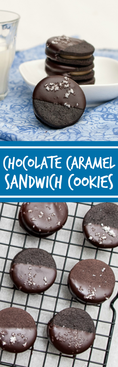 Decadent Chocolate Caramel Sandwich Cookies hold a luscious layer of vanilla bean-laced caramel between two homemade chocolate wafers.  This recipe's a hit for any gathering.