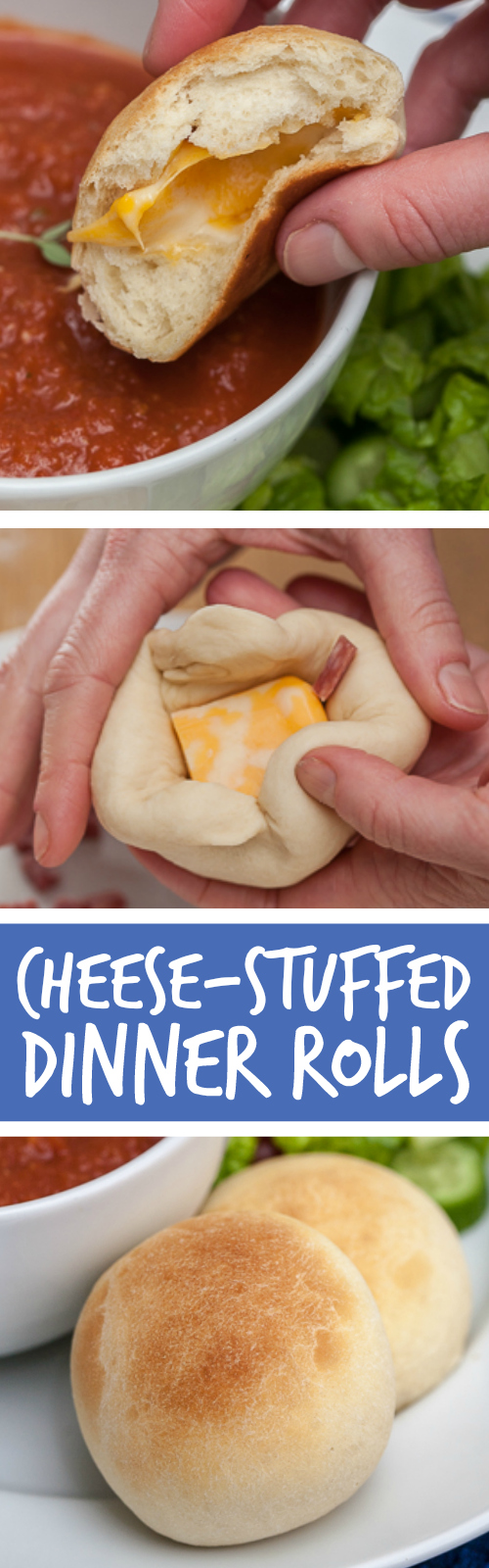 Warm bread oozing with melted cheese is hard to beat. Inspired by cheese zombies, these Cheese-Stuffed Dinner Rolls accompany soup and salad perfectly.
