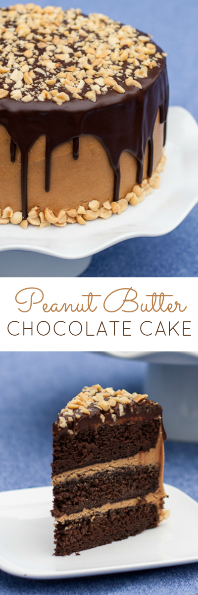 Peanut Butter lovers will go nuts for this Peanut Butter Chocolate Cake recipe featuring rich chocolate cake layered with smooth peanut buttery goodness and topped with rich chocolate ganache. 