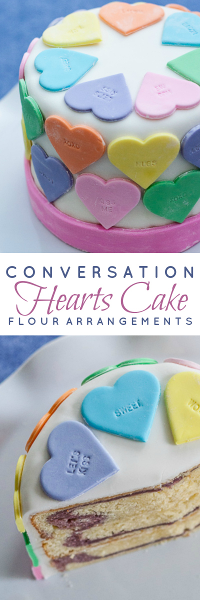 Pastel fondant hearts and a customizable letter stamp help create a personalized conversation hearts cake. It's the perfect cake for Valentine's Day!