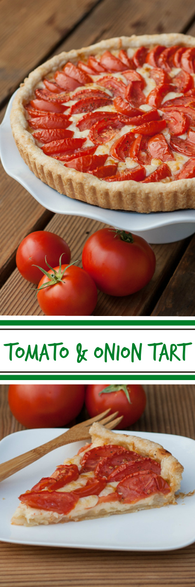 Roasted tomatoes really shine against a backdrop of rich caramelized onions, nutty Gruyere cheese, and flaky pastry crust in this tomato & onion tart recipe.