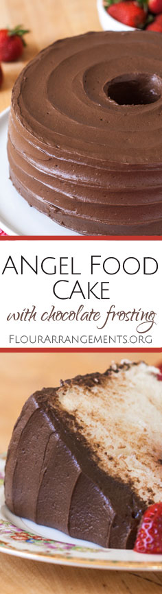 This scratch Angel Food Cake recipe yields a lighter, more delicate cake than one mixed from a box. Topped with rich chocolate frosting, this sweet, airy dessert tastes heavenly. From Flour Arrangements.