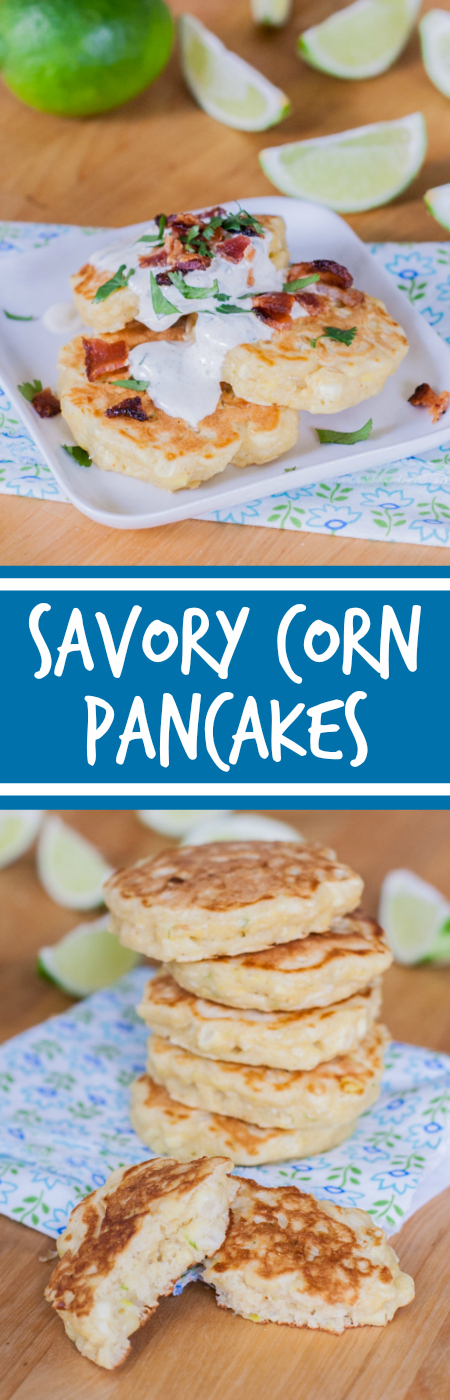 Topped with Lime-Cilantro Sour Cream and sprinkled with chopped bacon, these Savory Corn Pancakes taste like little bites of summer. 
