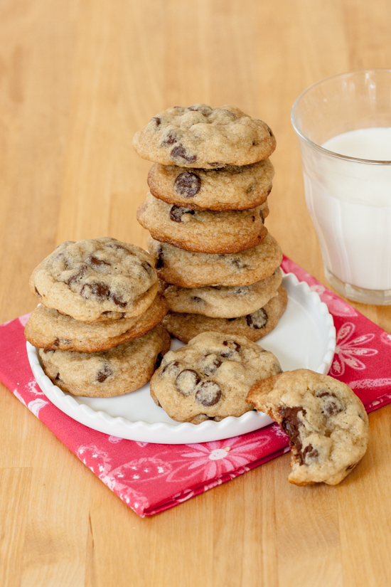 These chocolate chip cookies are deliciously chewy and full of chocolate. Make them small so you feel much less guilty about eating cookie after cookie!