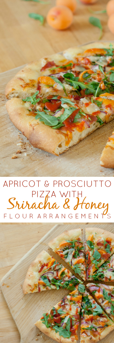 Ripe apricots, prosciutto, red onions, and arugula get a flavor boost from spicy Sriracha and drizzled honey on this simple summer pizza.