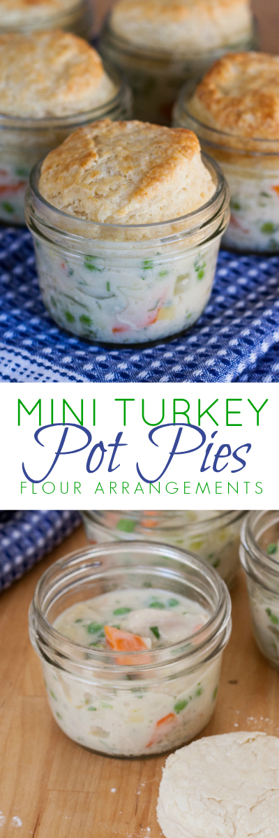 Those light, flaky buttermilk biscuits meet comforting savory pot pie filling in the most adorable packaging ever. Mini turkey pot pies are a perfect way to give new life to leftover Thanksgiving turkey. 