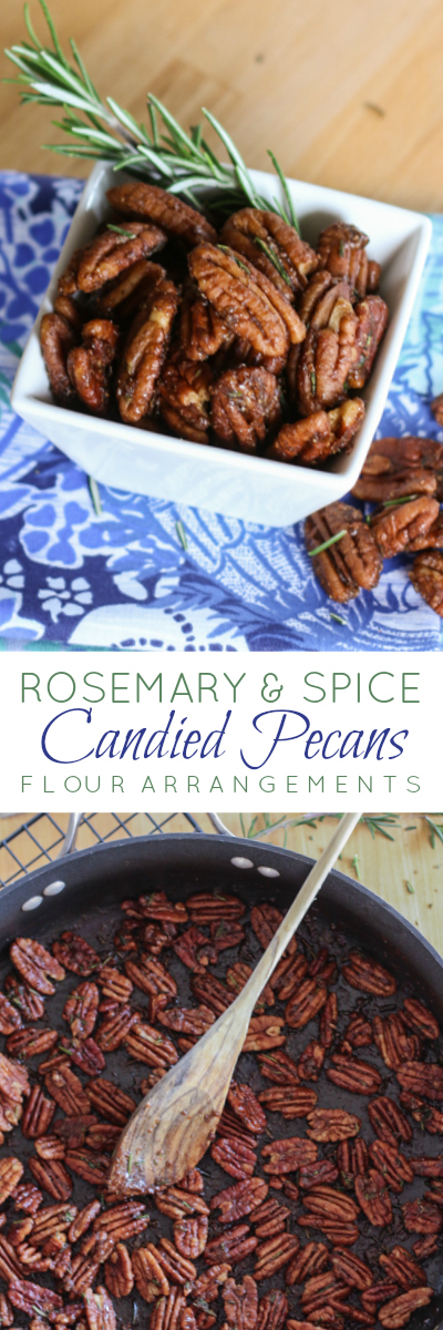 Simple, yet addictive, these Rosemary and Spice Candied Pecans are sweet and salty and full of bold flavor. This party snack recipe is quick and easy to prepare. 