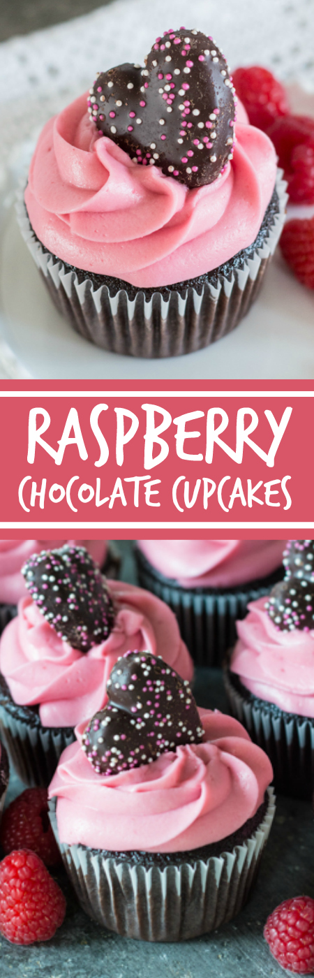 Fresh raspberries, Framboise, and plenty of dark chocolate come together in these decadent Raspberry Chocolate Cupcakes. A great celebration recipe! Top with heart-shaped cookies for Valentine's Day. 