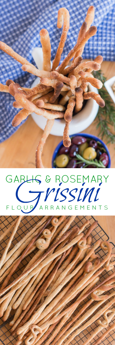 Crisp and delicious, these Garlic and Rosemary Grissini look super cool in a vase or pitcher on your table. Not only that, they’re fun to make and shape. A great recipe to try with kids!