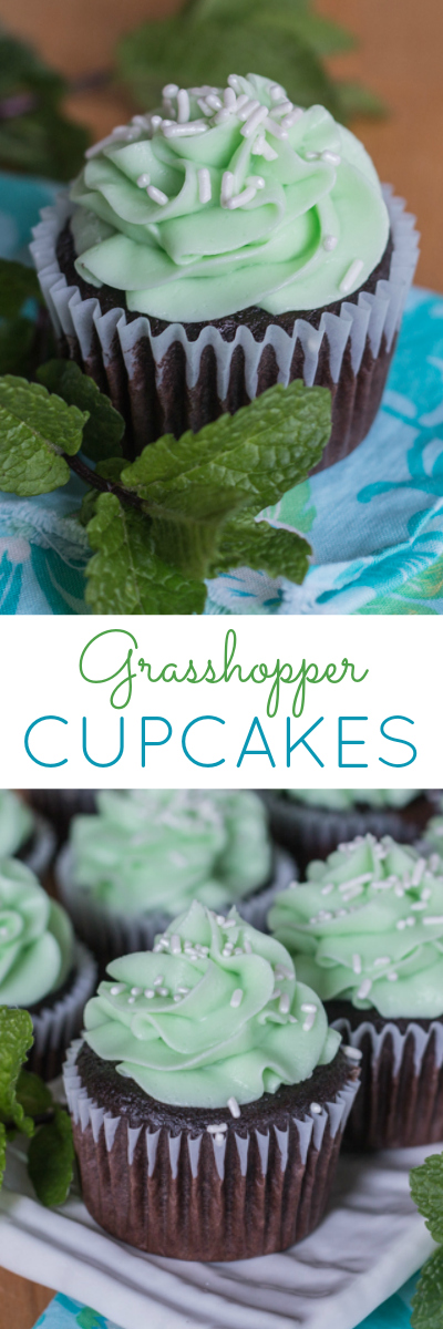 Inspired by the after dinner drink, these rich chocolate cupcakes topped with minty frosting come together as decadent and delicious Grasshopper Cupcakes. A great recipe for mint lovers!