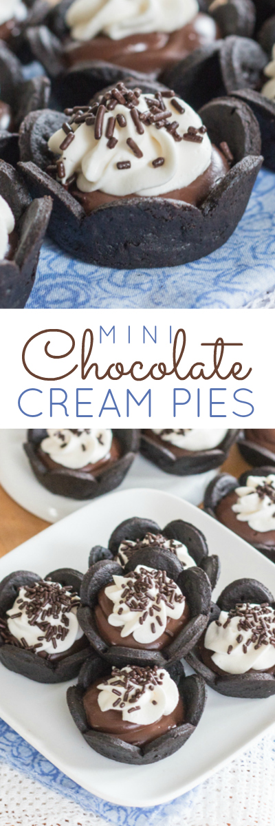 Small and adorable, these Mini Chocolate Cream Pies feature creamy chocolate pudding layered over a crisp hint-of-cinnamon chocolate crust topped with lightly sweetened whipped cream. A perfect recipe for parties.