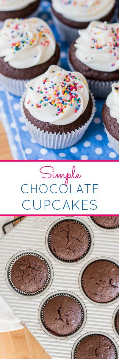 Mixed by hand, these delicious Simple Chocolate Cupcakes are just as easy to prepare as box-mix cupcakes. They're perfect topped with Vanilla Frosting!