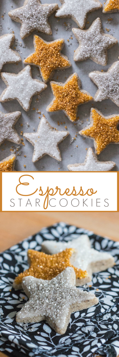 This recipe for Espresso Star Cookies takes sugar cookies up a notch! With strong coffee flavor and understated sweetness, they’ll put a spring in your step. They taste delicious simple and unadorned, but jazzed up with icing and glittery sprinkles, they’re perfect party treats! 