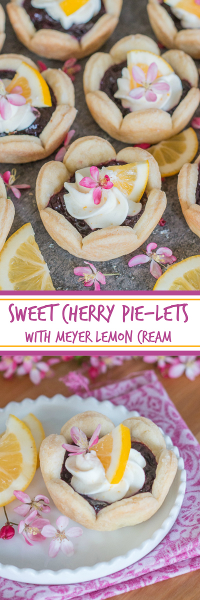 These adorable sweet cherry pie-lets are simple to serve and delicious to eat. Top with Meyer lemon cream for a burst of citrus flavor. A great recipe for parties!