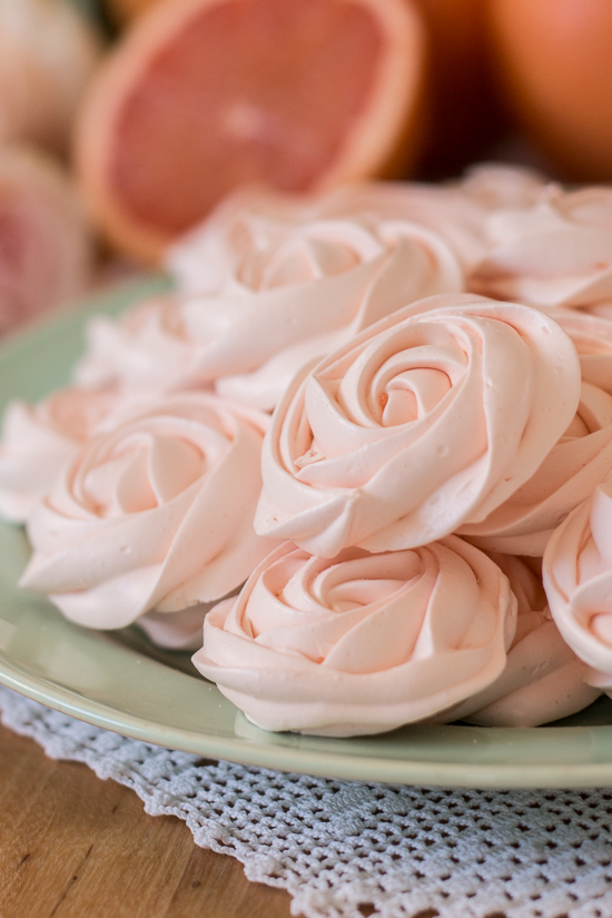 Light and crunchy, these grapefruit meringues taste spectacular on their own or as sweet accompaniment to a bowl of ice cream or fresh berries and cream. These pretty pastel roses would make a perfect edible decoration for a wedding or bridal shower.
