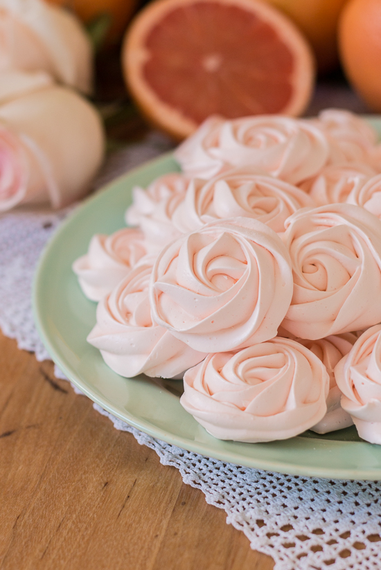 Light and crunchy, these grapefruit meringues taste spectacular on their own or as sweet accompaniment to a bowl of ice cream or fresh berries and cream. These pretty pastel roses would make a perfect edible decoration for a wedding or bridal shower.