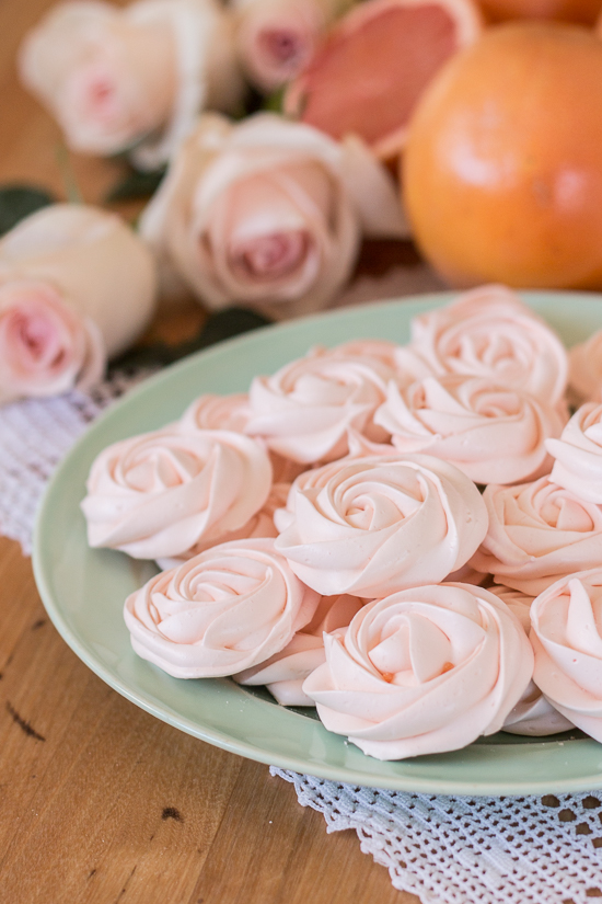 Light and crunchy, these grapefruit meringues taste spectacular on their own or as sweet accompaniment to a bowl of ice cream or fresh berries and cream. These pretty pastel roses would make a perfect edible decoration for a wedding or bridal shower.