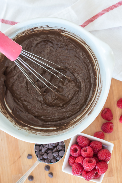 Cocoa powder imparts bittersweet chocolate flavor and juicy raspberries add tart sweetness to these Chocolate Raspberry Muffins. This quick, easy snack recipe is a serious crowd pleaser.