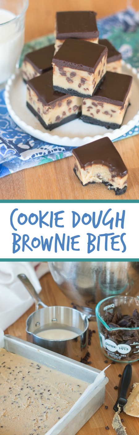 Rich chocolate chip cookie dough brownie bites combine three impossibly delicious layers of goodness. This decadent recipe features a thin, dense chocolate brownie topped with chocolate chip cookie dough smothered with chocolate ganache. 