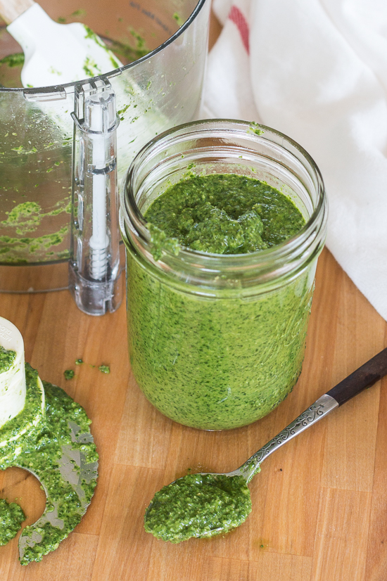 A departure from traditional basil pesto, this arugula-basil pesto blends spicy arugula, sweet basil, and fresh mint to create a unique summer recipe. Pine nuts, slivered almonds, garlic, and capers round out the flavors in this easy, versatile sauce. 