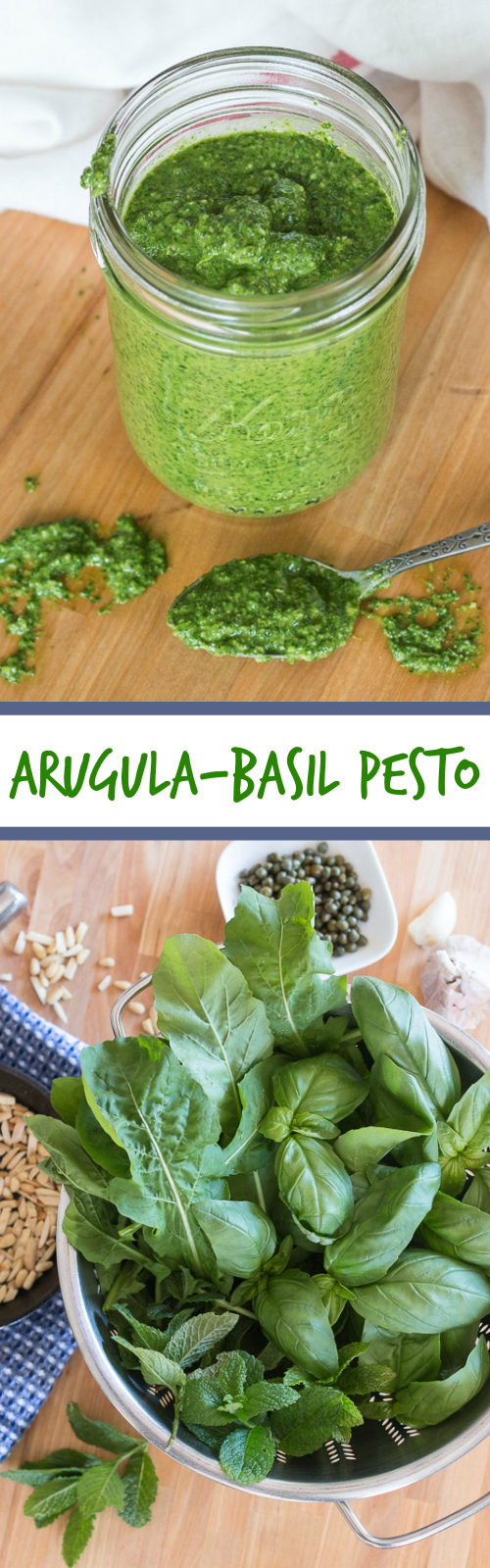 A departure from traditional basil pesto, this arugula-basil pesto blends spicy arugula, sweet basil, and fresh mint to create a unique summer recipe. Pine nuts, slivered almonds, garlic, and capers round out the flavors in this easy, versatile sauce. 