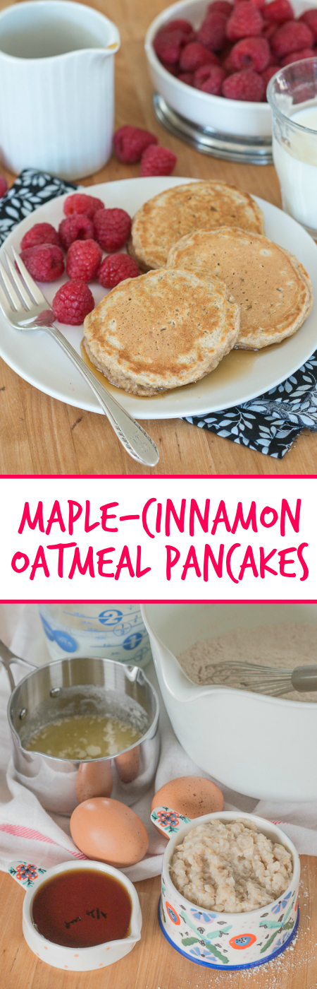 Sweetened with maple syrup and spiced with cinnamon, these oatmeal pancakes will start your day with a substantial, whole grain take on pancakes.  