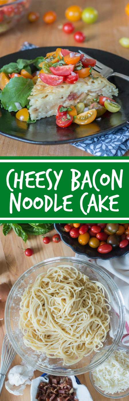 With bacon and cheese tucked in the center, this savory noodle cake tastes delicious topped with fresh summer tomatoes. This simple, flavorful recipe is easy to prepare. It's a great way to use up leftover spaghetti, too!