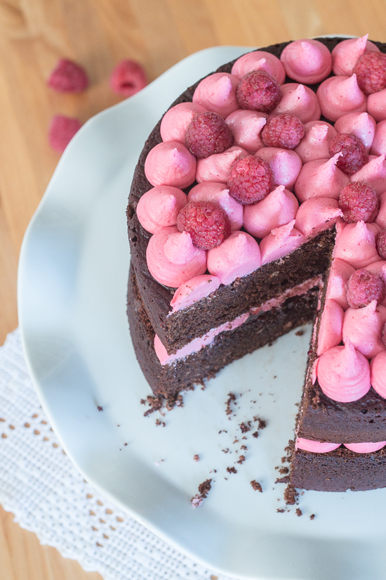 Simple and elegant, this raspberry chocolate layer cake blends rich, decadent chocolate with tart, sweet raspberries. Raspberry liqueur adds a fruity backdrop to the chocolate cake layers, while raspberry jam and raspberry buttercream add bright sweetness. 