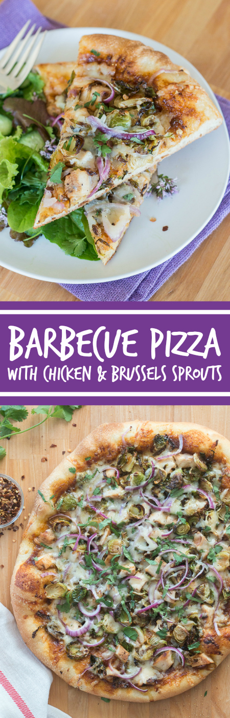 Sweet, tangy barbecue sauce provides a flavorful, fun twist to homemade pizza. Topped with cooked chicken, roasted Brussels sprouts, red onion and Gruyere cheese, this simple barbecue pizza tastes totally gourmet!