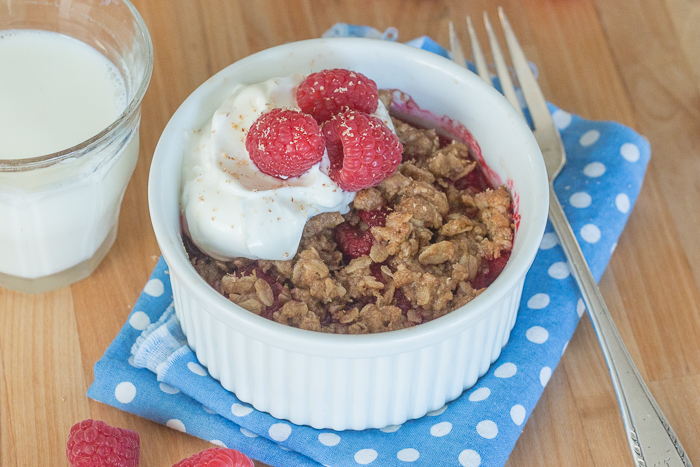 Start your day right with a quick and easy single serving breakfast crisp. Top your favorite fruit with a quick mix oat-cinnamon streusel topping and enjoy warm, delicious crisp in less than 10 minutes!  This simple recipe is great for kids.