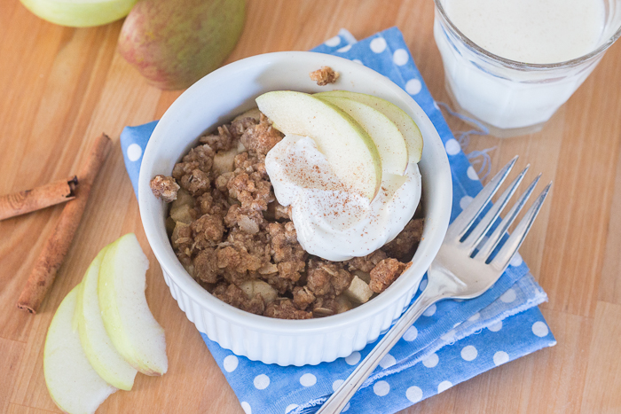 Start your day right with a quick and easy single serving breakfast crisp. Top your favorite fruit with a quick mix oat-cinnamon streusel topping and enjoy warm, delicious crisp in less than 10 minutes!  This simple recipe is great for kids.