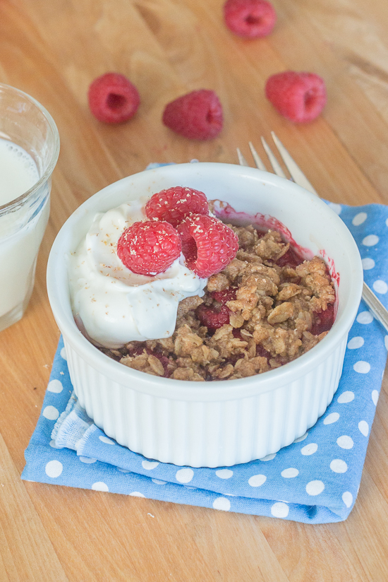 Start your day right with a quick and easy single serving breakfast crisp. Top your favorite fruit with a quick mix oat-cinnamon streusel topping and enjoy warm, delicious crisp in less than 10 minutes!  This simple recipe is great for kids.