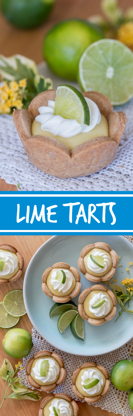 Homemade graham cracker cups filled with sweet, tangy lime curd come together in adorable little lime tarts. Simple to serve, these eat-by-hand treats make a perfect party dessert. This recipe can be prepared ahead of time too! 