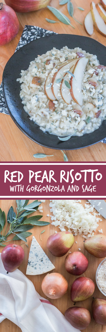 Sweet red pears blend perfectly with pungent Gorgonzola and aromatic sage in this flavorful, comforting risotto.  Dispensing with the constant stirring typically associated with risotto preparation, this red pear risotto with Gorgonzola and sage recipe comes together easily and efficiently.