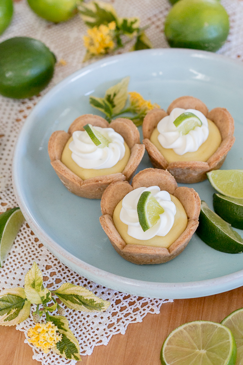 Homemade graham cracker cups filled with sweet, tangy lime curd come together in adorable little lime tarts. Simple to serve, these eat-by-hand treats make a perfect party dessert.