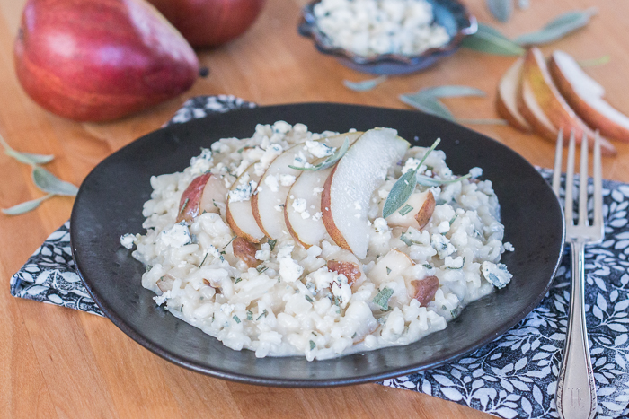 Sweet red pears blend perfectly with pungent Gorgonzola and aromatic sage in this flavorful, comforting risotto.  Dispensing with the constant stirring typically associated with risotto preparation, this red pear risotto with Gorgonzola and sage recipe comes together easily and efficiently.