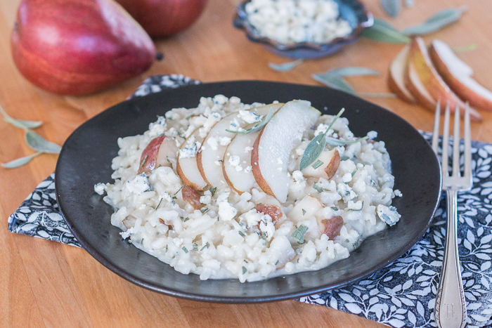 Sweet red pears blend perfectly with pungent Gorgonzola and aromatic sage in this flavorful, comforting risotto. Dispensing with the constant stirring typically associated with risotto preparation, this red pear risotto with Gorgonzola and sage recipe comes together easily and efficiently.