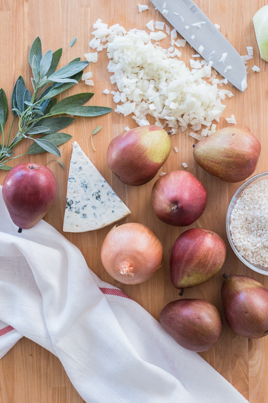 Sweet red pears blend perfectly with pungent Gorgonzola and aromatic sage in this flavorful, comforting risotto.  Dispensing with the constant stirring typically associated with risotto preparation, this red pear risotto with Gorgonzola and sage recipe comes together easily and efficiently.