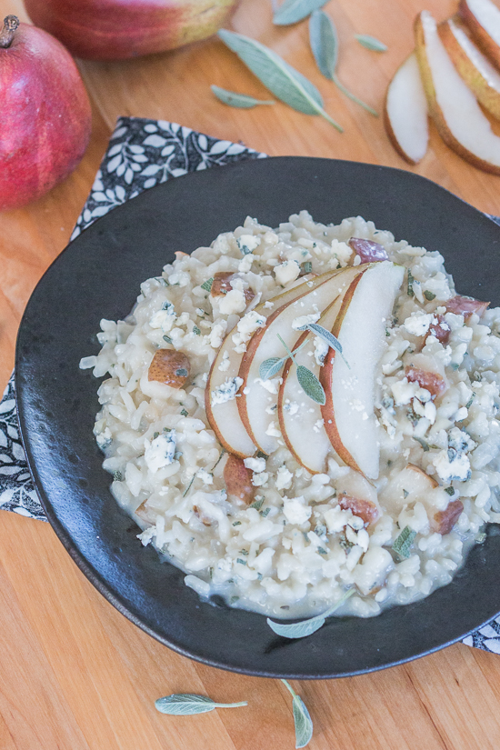 Sweet red pears blend perfectly with pungent Gorgonzola and aromatic sage in this flavorful, comforting risotto.  Dispensing with the constant stirring typically associated with risotto preparation, this red pear risotto with Gorgonzola and sage recipe comes together easily and efficiently.