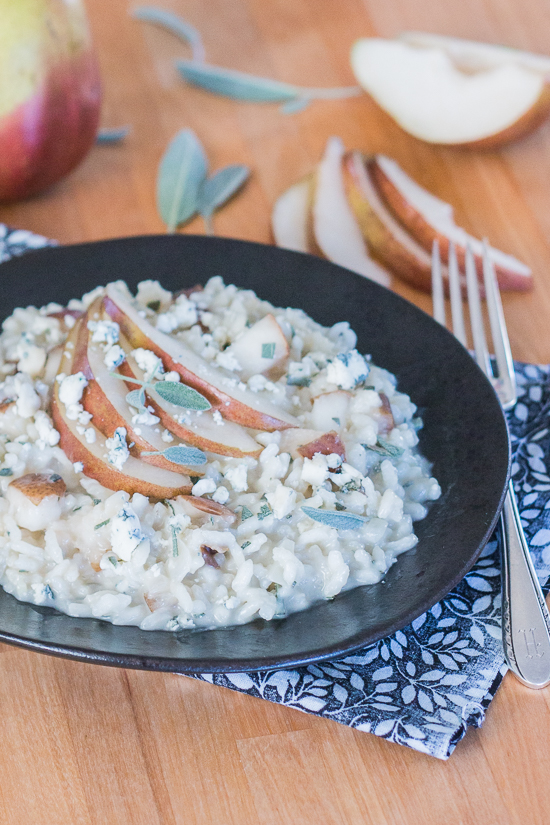 Sweet red pears blend perfectly with pungent Gorgonzola and aromatic sage in this flavorful, comforting risotto.  Dispensing with the constant stirring typically associated with risotto preparation, this red pear risotto with Gorgonzola and sage recipe comes together easily and efficiently.