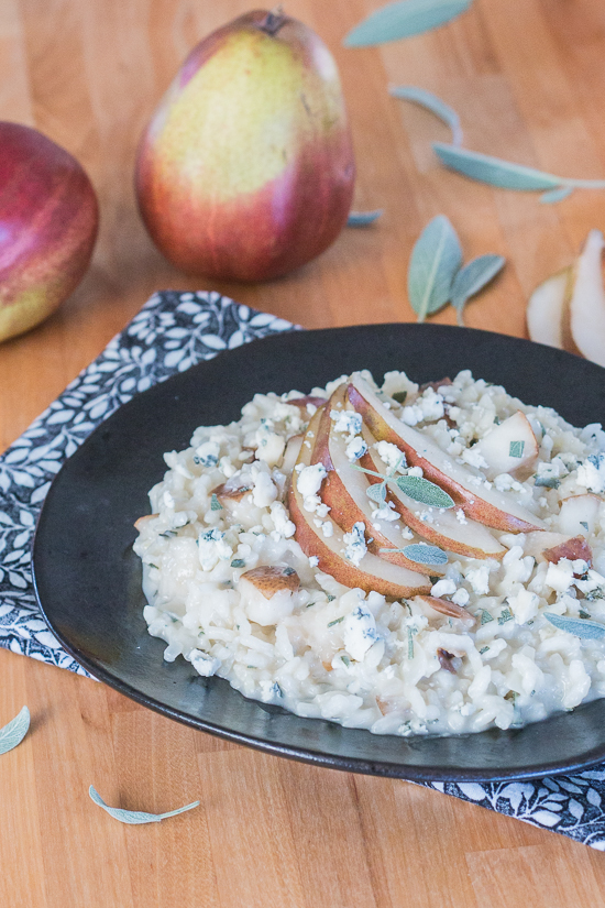 Sweet red pears blend perfectly with pungent Gorgonzola and aromatic sage in this flavorful, comforting risotto.  Dispensing with the constant stirring typically associated with risotto preparation, this red pear risotto with Gorgonzola and sage recipe comes together easily and efficiently.
