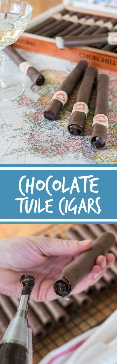 These Chocolate Tuile Cigars with Whisky Ganache feature wafer-thin chocolate cookies loaded with boozy chocolate. This truly decadent recipe provides a sweet alternative to the idea of celebratory cigars!