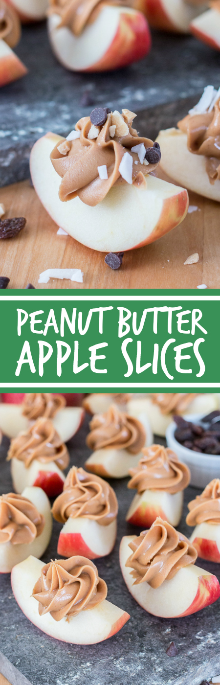 Dress up a simple, wholesome snack of Peanut Butter Apple Slices by piping creamy peanut butter in small spirals atop crisp, tart apples. Sprinkling toppings like mini chocolate chips, toasted coconut, or raisins over these apple-tizers adds to the fun of this easy, healthy snack. This great kid-friendly party recipe is cool enough to entice adults as well. 