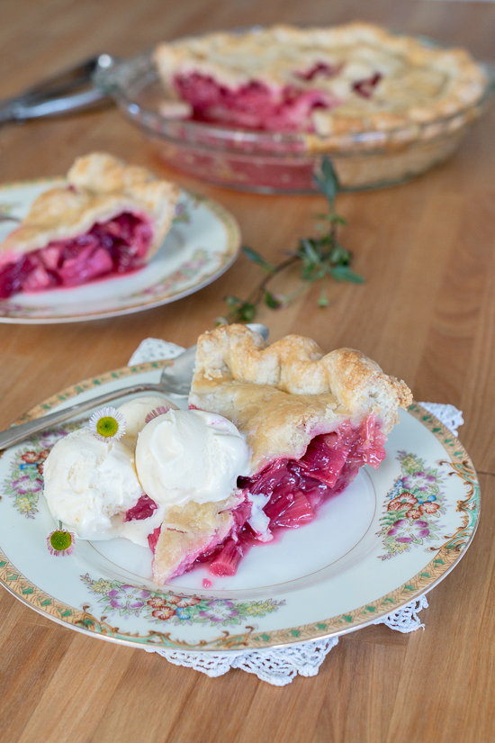 Sweet and tangy, this straight-up rhubarb pie shines a spotlight on the tantalizing flavor of  rhubarb's bright crimson stalks. A rich buttery pastry crust provides the perfect backdrop for this pleasantly sour filling.