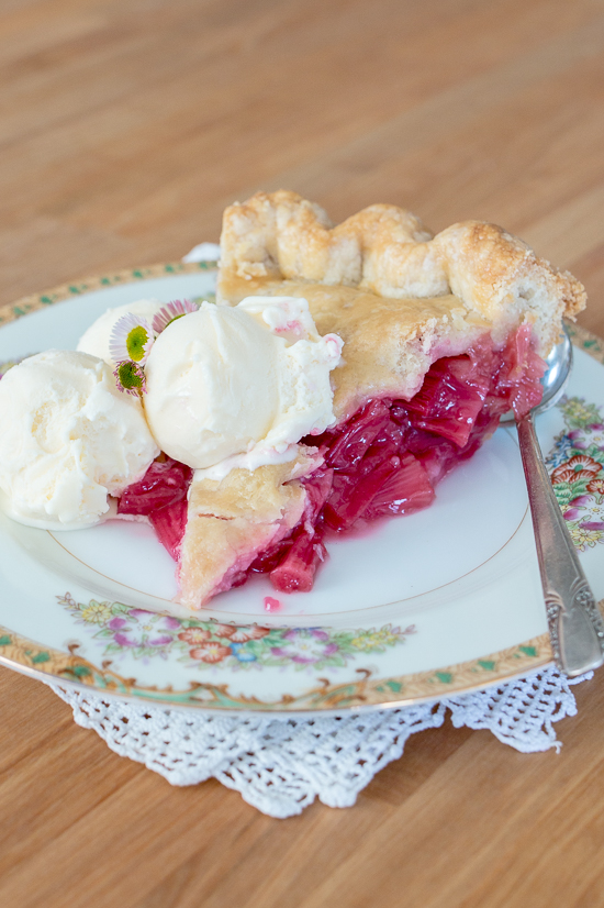 Sweet and tangy, this straight-up rhubarb pie shines a spotlight on the tantalizing flavor of  rhubarb's bright crimson stalks. A rich buttery pastry crust provides the perfect backdrop for this pleasantly sour filling.