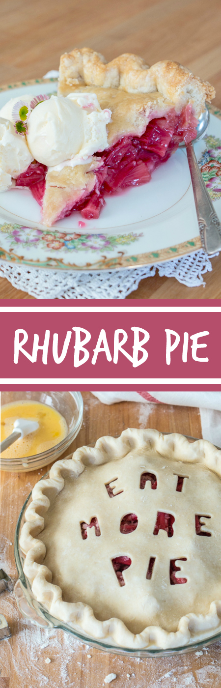 Sweet and tangy, this straight-up rhubarb pie shines a spotlight on the tantalizing flavor of  rhubarb's bright crimson stalks. A rich buttery pastry crust provides the perfect backdrop for this pleasantly sour filling.