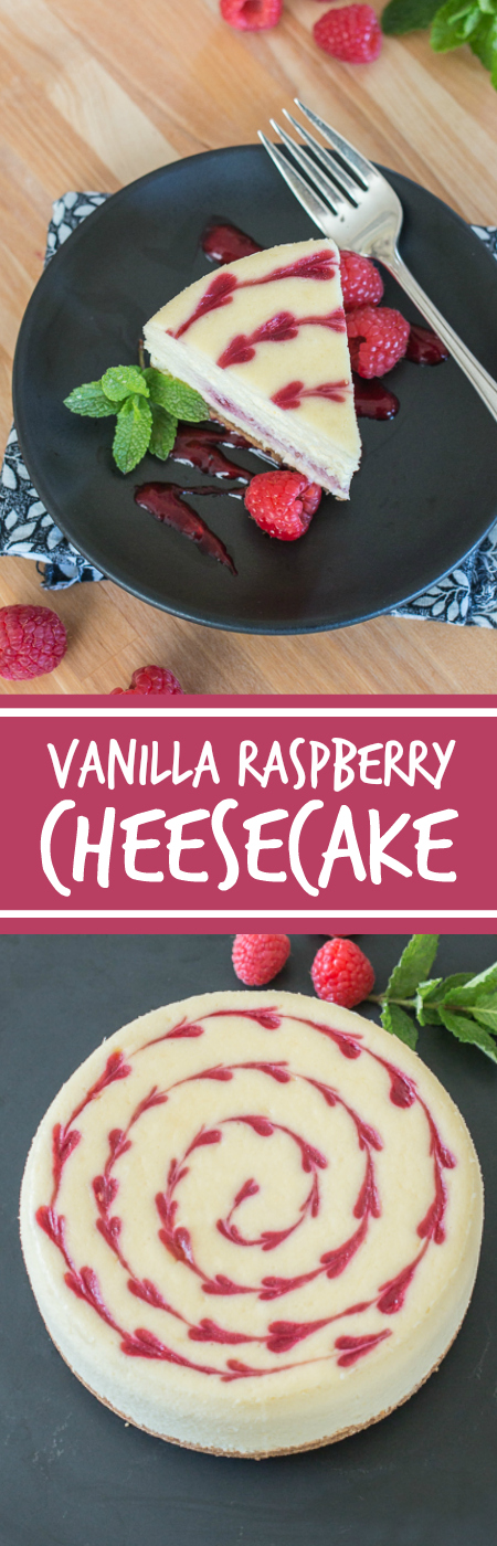 Smooth and indulgent, this Vanilla Raspberry Cheesecake hides a surprise layer of tart raspberry filling in the center. Decorative heart embellishments add flair to this petite, delicious cheesecake. 