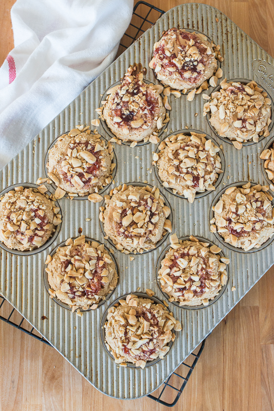 Nutty and fruity with great crunch from a generous quantity of chopped peanuts, these Peanut Butter and Jelly Muffins will surprise and delight family and friends. 