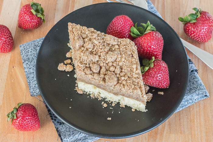 Simple yet indulgent, this New York-Style Crumb Cake features a thick, satisfying layer of cinnamon-brown sugar topping that perfectly complements the light and tender vanilla cake beneath it.