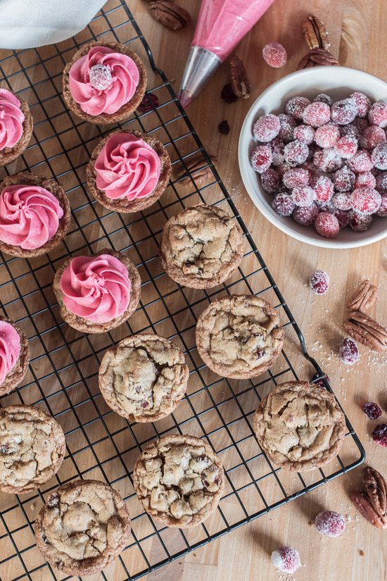 With their deep pink cranberry buttercream and glittery sugared cranberries, these pretty Muffin Tin Cranberry-Pecan Blondies make a great, easy-to-serve dessert for festive occasions.